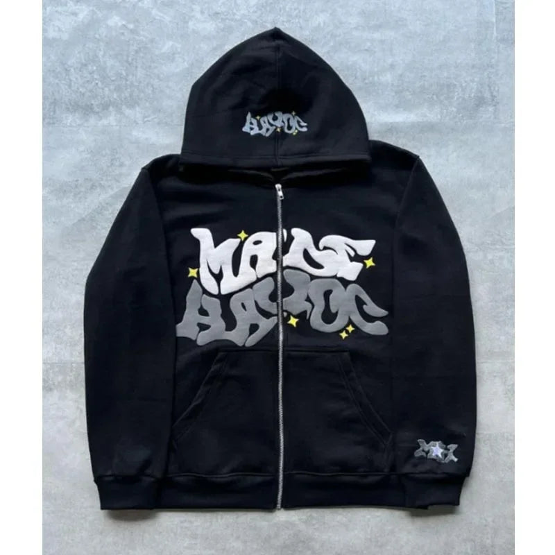 Sudadera retro con capucha y cremallera con estampado gráfico