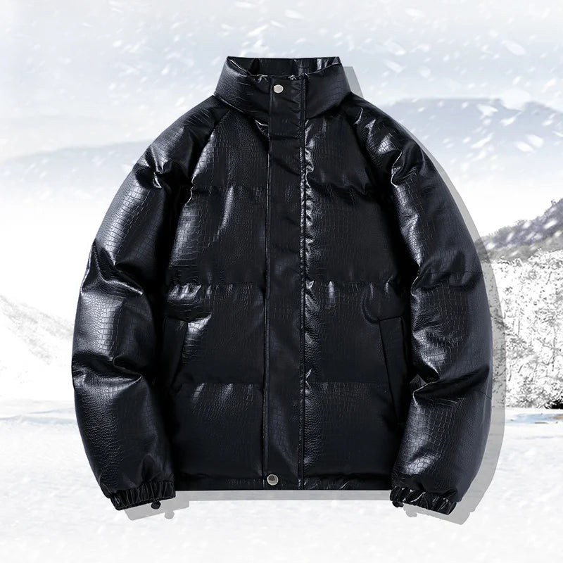 Chaqueta de invierno de PU para hombre con cuello alto y cremallera