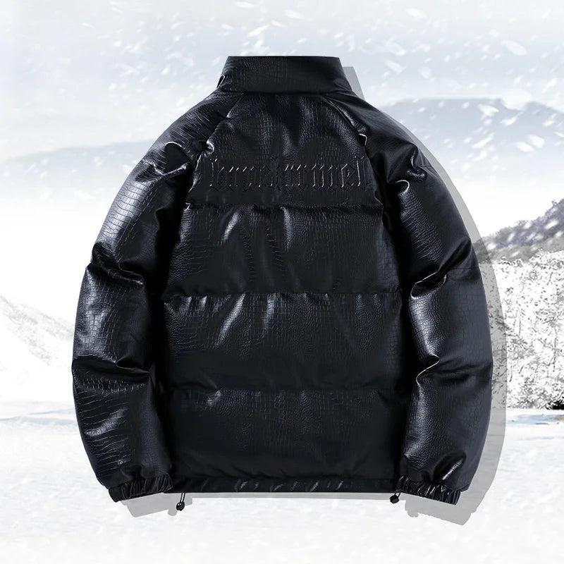 Men’s PU Leather Winter Jacket with Zip-Up Turtleneck