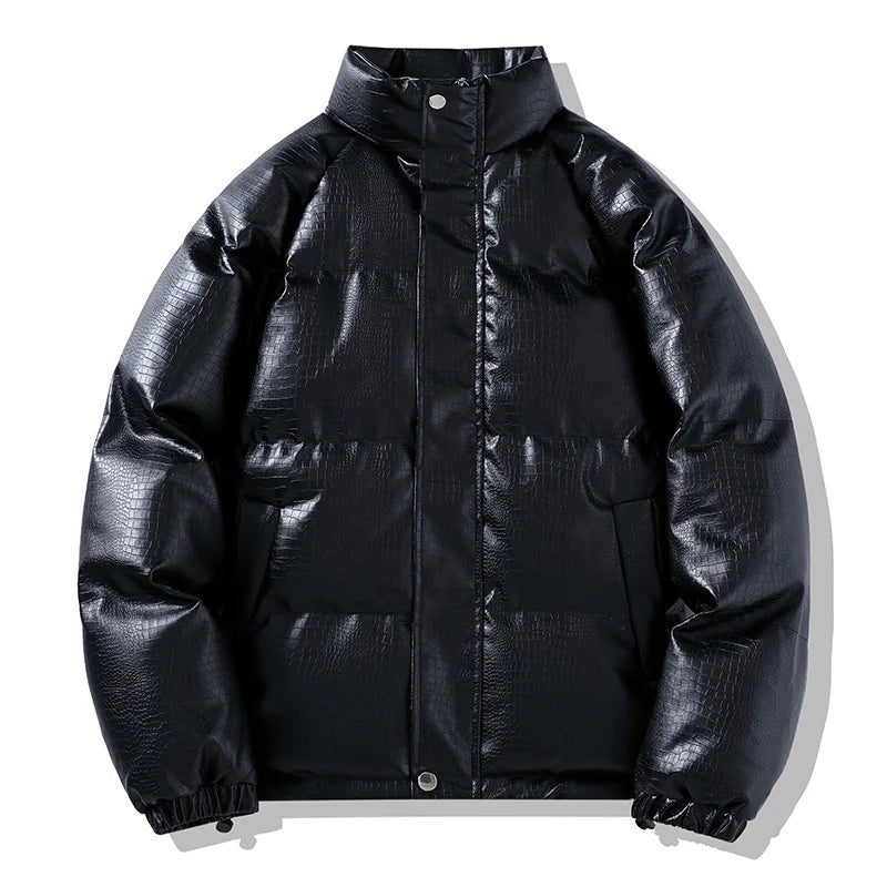 Men’s PU Leather Winter Jacket with Zip-Up Turtleneck
